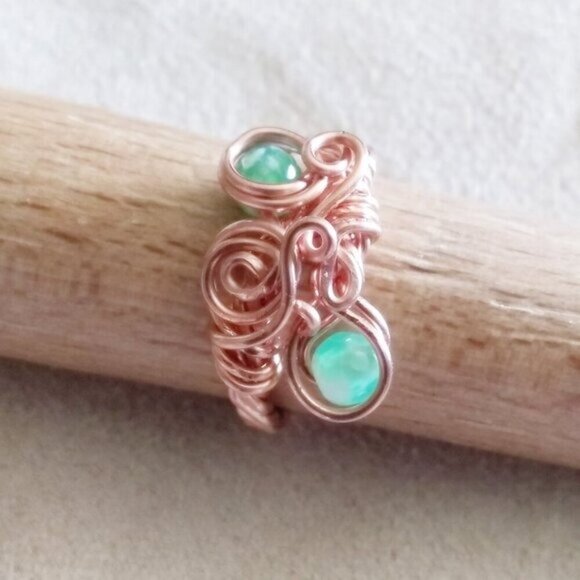 Wire Wrapped Copper & Bright Green Fire Agate Ring - Size 7 - Spring Summer Boho - Picture 4 of 11